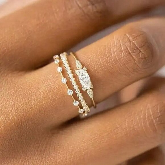 NWT Dainty Ring Set of 3PCs 14K Gold Plated Cubic Zirconia Sz.7 Fairy - Picture 1 of 11